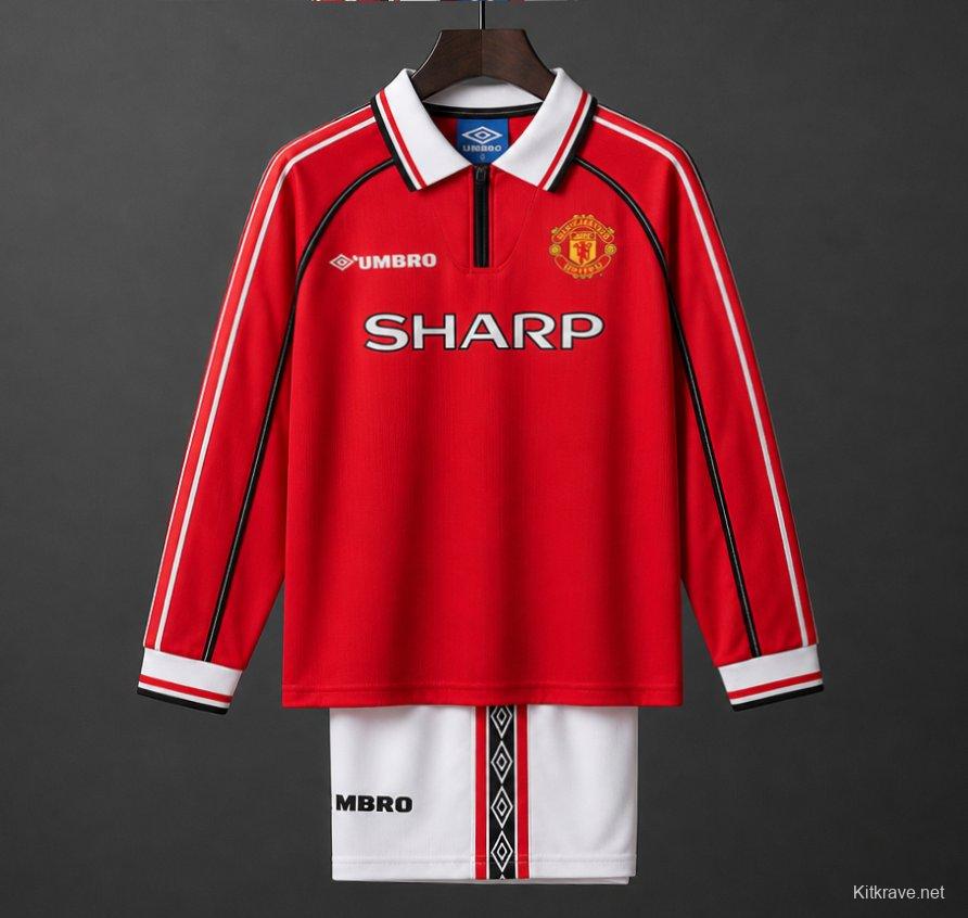 Retro Kids 98/99 Manchester United Red Home Long Sleeve Jersey