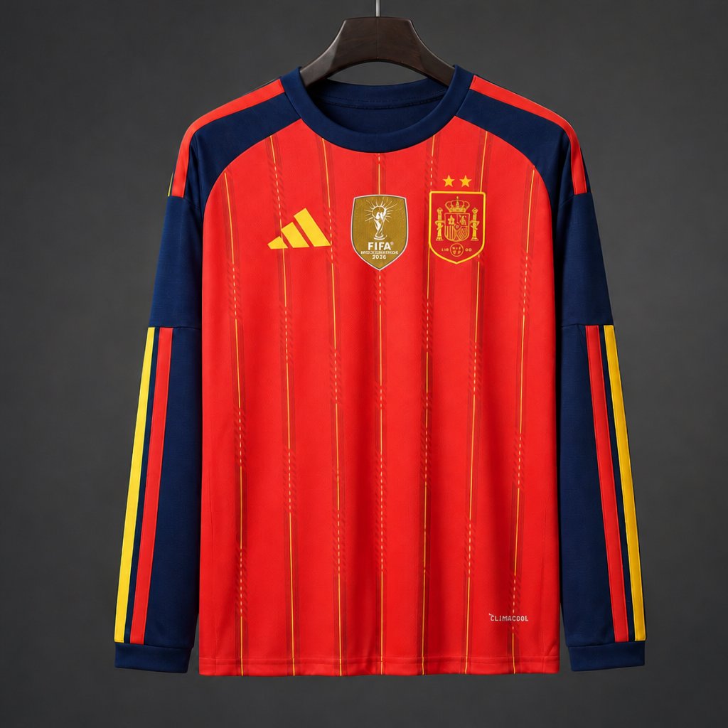 2 Star 2026 Spain Home Long Sleeve Jersey With Champion Patch