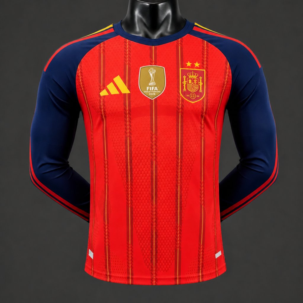 Player Version 2 Star 2026 Spain Home Long Sleeve Jersey With Champion Patch