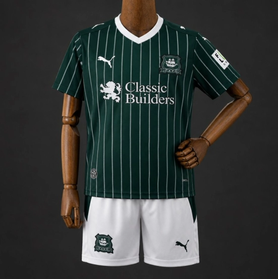 26/27 Kids  Plymouth Argyle Green with White Pinstripe Home Jersey Kit